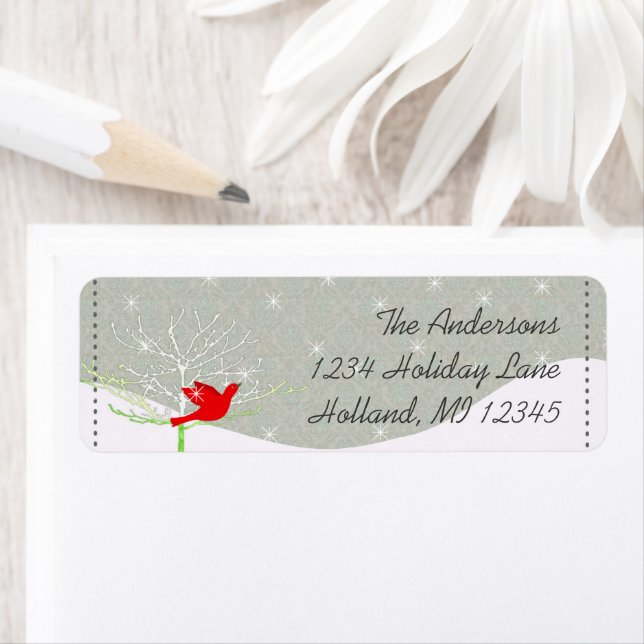Red Bird Snow Stars Grey Damask Return Address (Insitu)