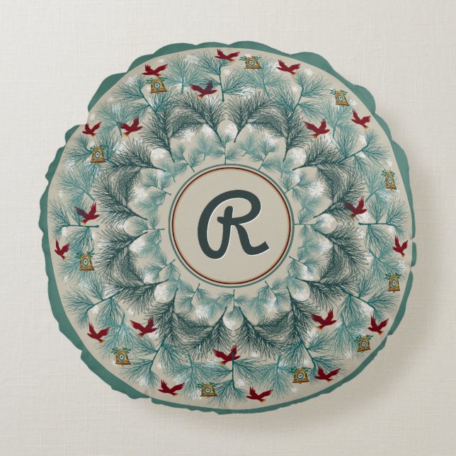 Red Birds and Wispy Pine Personalized Round Pillow (Front)