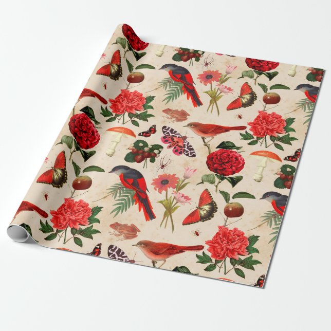 Red Birds Butterfly and Mushroom Wrapping Paper (Unrolled)