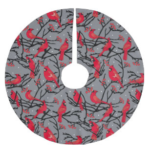 Red Birds Cardinals and Berries Winter Scene Grey Brushed Polyester Tree Skirt
