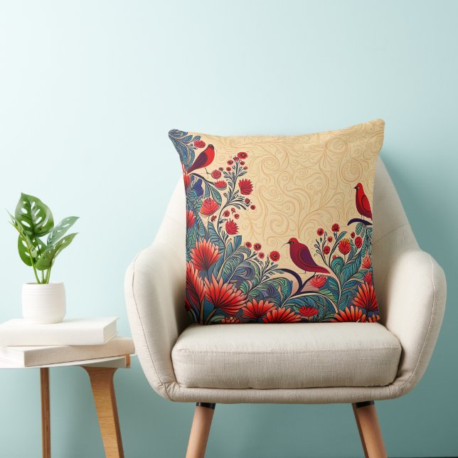 Red Birds, Floral Abstract Folksy Swirls Throw Pillow (Chair)