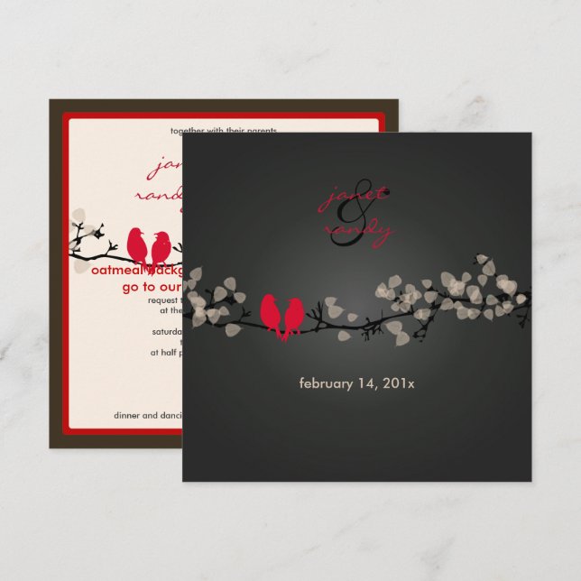 Red birds, love birds/colourful blossoms invitation (Front/Back)
