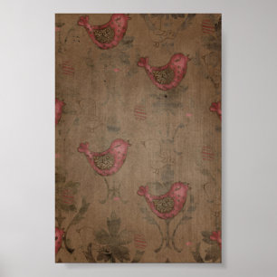 Red Birds on Brown Rustic Background Poster