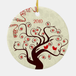 Red Birds Swirl Tree Christmas Photo Ornament