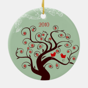 Red Birds Swirl Tree Christmas Photo Ornament