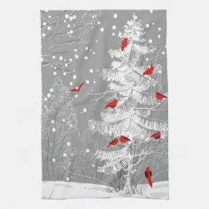 Red Birds, White Christmas Kitchen Towel