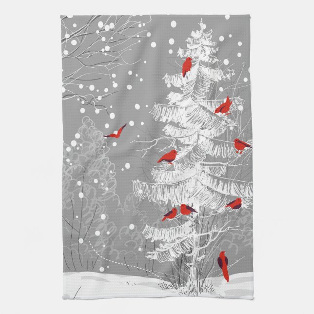 Red Birds, White Christmas Kitchen Towel (Vertical)