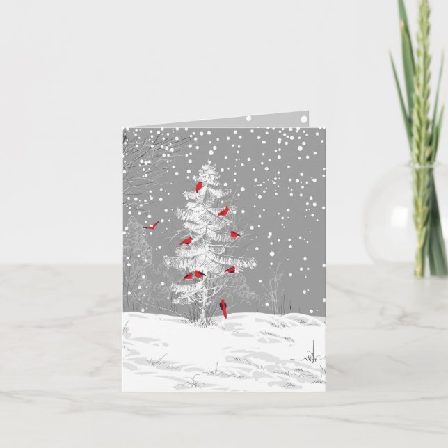 Red Birds, White Christmas, Snowy Pine, Holiday Card (Front)