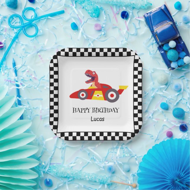 Red Birthday Dinosaur race car boy racing kid name Paper Plate (Party)
