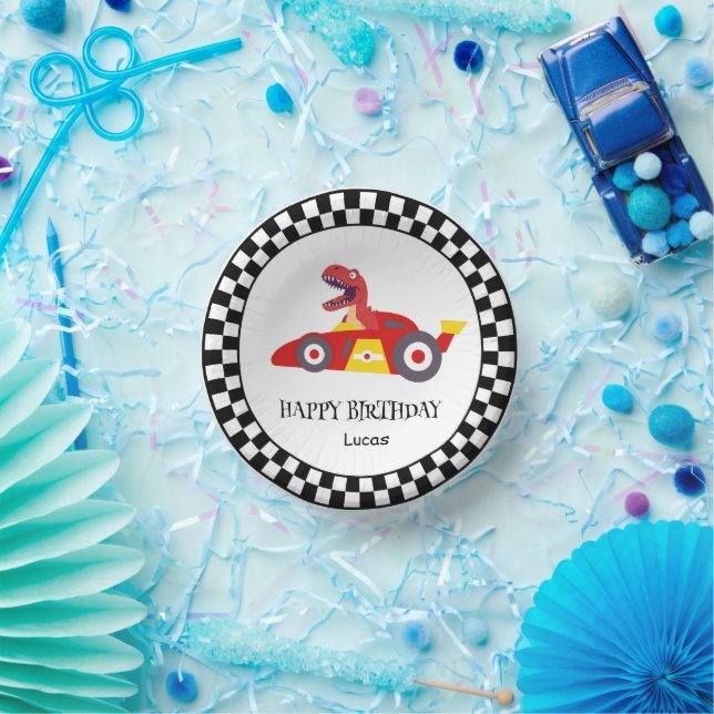 Red Birthday Dinosaur race car boy racing kid name Paper Plate (Party)