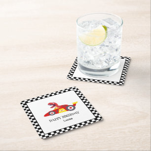 Red Birthday Dinosaur race car boy racing kid name Square Paper Coaster