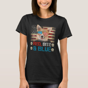 Red Bite And Blue Corgi Dog American Usa Flag 4th T-Shirt