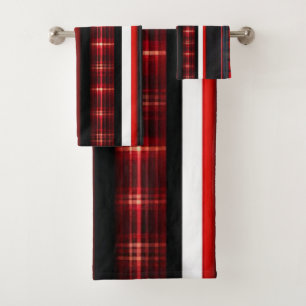 Red Black Abstract Plaid Trendy Collection Bath Towel Set
