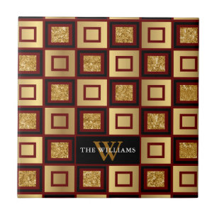 Red, Black And Gold Chequerboard Pattern Monogram Tile