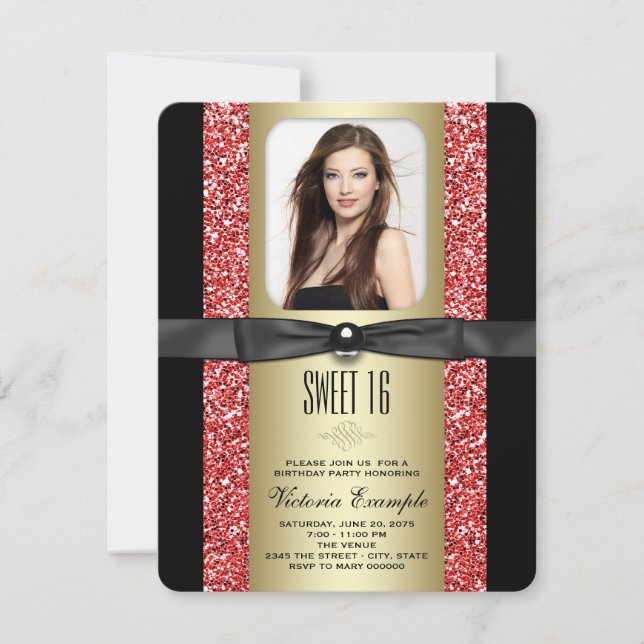 Red Black and Gold Glitter Sweet 16 Party Invitation (Front)