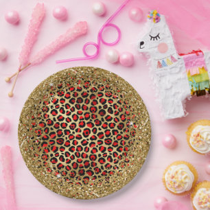 Red Black and Gold Glittery Foil Leopard Glam Paper Plate