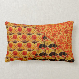 Red Black and Gold Japanese Patterns Lumbar Pillow