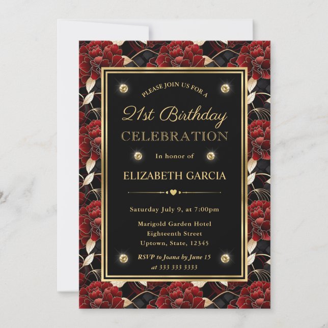 Red Black and Gold Marble Floral 21st Birthday Invitation (Front)