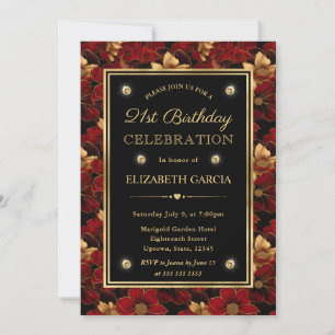 Red Black and Gold Marble Floral 21st Birthday Invitation