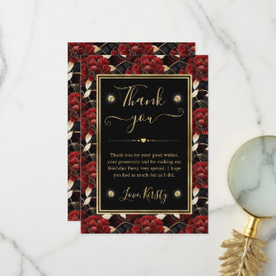 Red Black and Gold Marble Floral Birthday Thank You Card