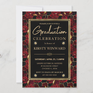 Red Black and Gold Marble Floral Graduation Invitation