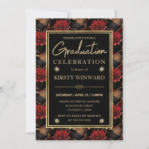 Red Black and Gold Marble Floral Graduation Invitation