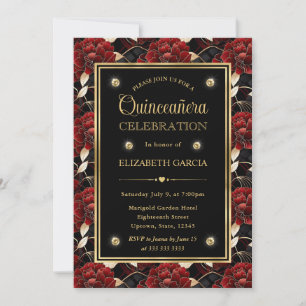 Red Black and Gold Marble Floral Quinceanera Invitation