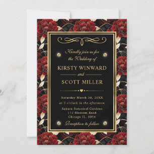 Red Black and Gold Marble Floral Wedding Invitation