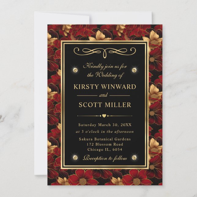Red Black and Gold Marble Floral Wedding Invitation (Front)
