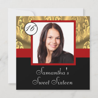 Red, black and gold photo sweet sixteen invitation