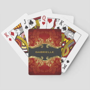 Red Black And Gold Tones Vintage Swirls 4-Monogram Playing Cards