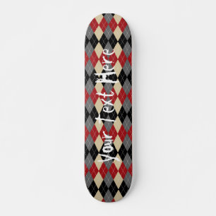 Red Black and Grey Argyle Personalized Skateboard