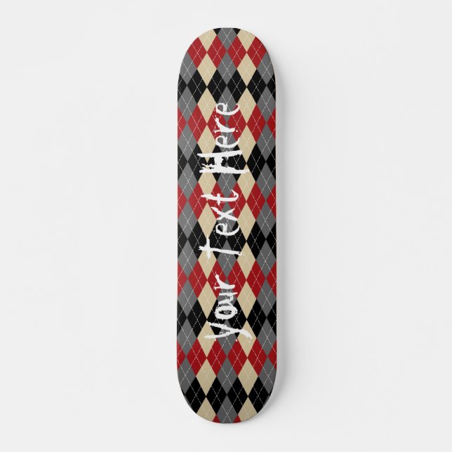 Red Black and Grey Argyle Personalized Skateboard (Front)