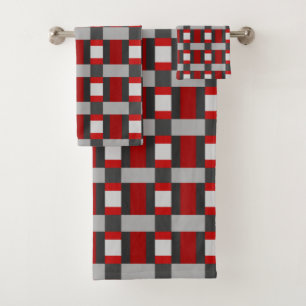 Red Black And Grey Colour Block Print Bath Towel Set