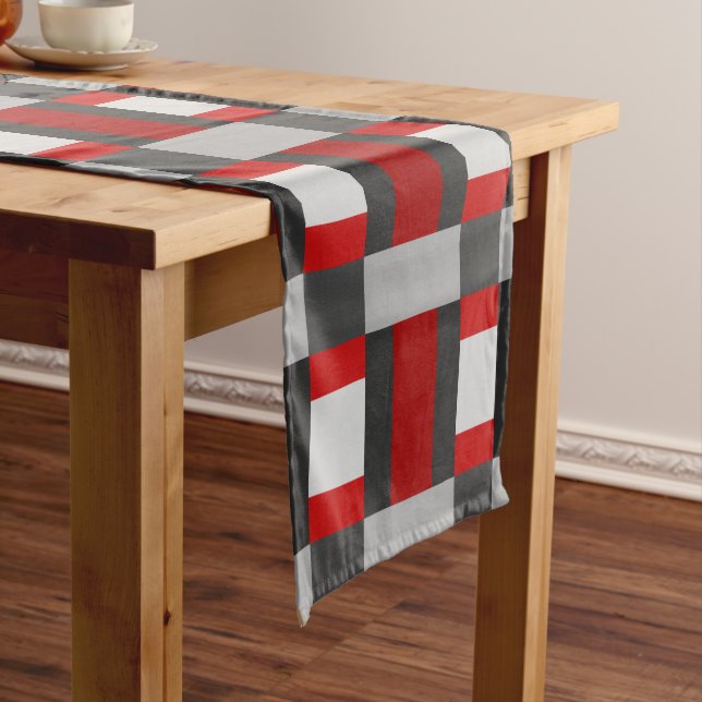 Red Black And Grey Colour Block Print Short Table Runner (In Situ)