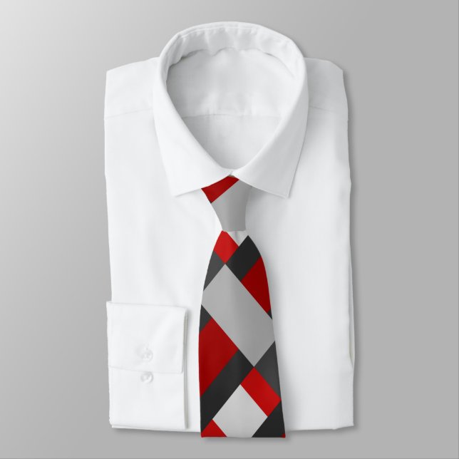 Red Black And Grey Colour Block Print Tie (Tied)