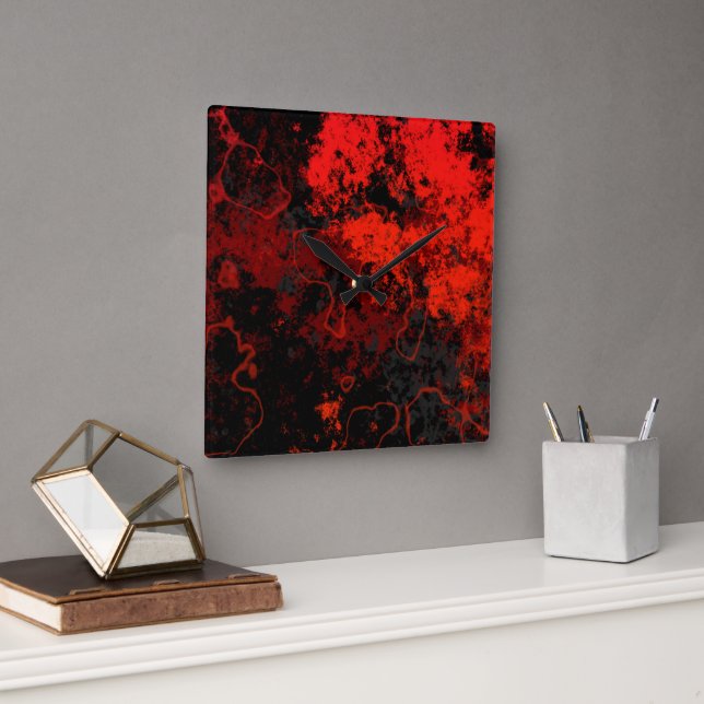 Red, Black and Grey Marble Abstract Square Wall Clock (Office)