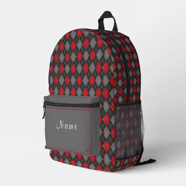 Red Black and Grey Tartan Plaid Printed Backpack (Back Corner Right)