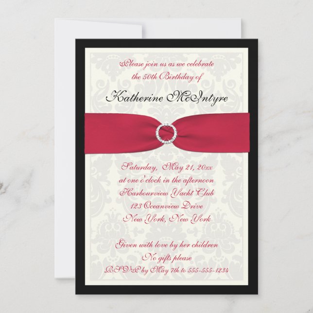Red, Black, and Ivory Damask 50th Birthday Invite (Front)