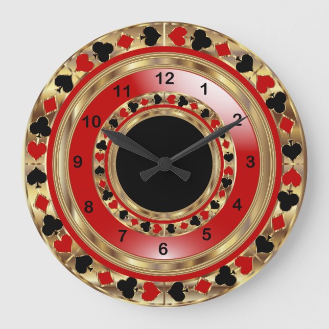 Red, Black and Metallic Gold Poker Large Clock (Front)