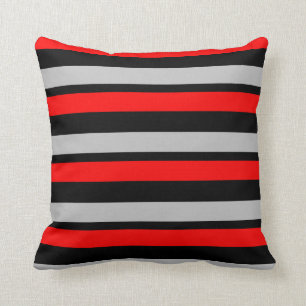 Red Black and Silver Striped Throw Pillow