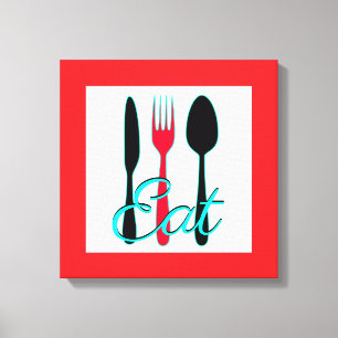 Red, Black and Teal Fork, Knife and Spoon Kitchen Canvas Print