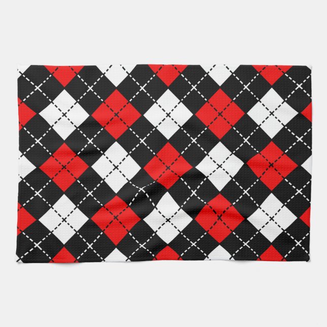 Red Black and White Argyle Pattern Kitchen Towel (Horizontal)