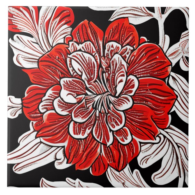 Red Black and White Art Nouveau Flower  Tile (Front)