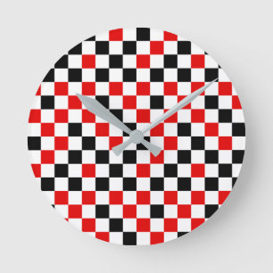 Red Black and White Chequered Round Clock