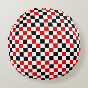 Red Black and White Chequered Round Pillow