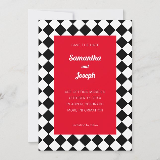 Red Black and White Chequered Save the Date Invitation (Front)