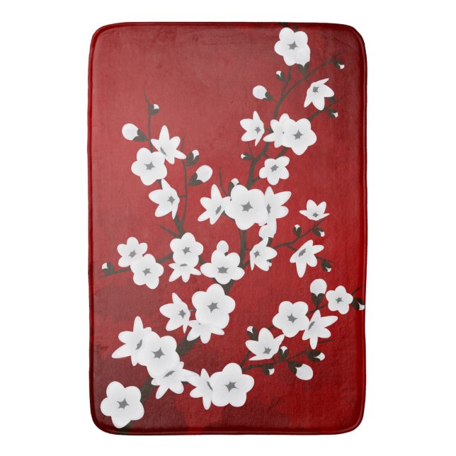 Red Black And White Cherry Blossom Bath Mat (Front Vertical)