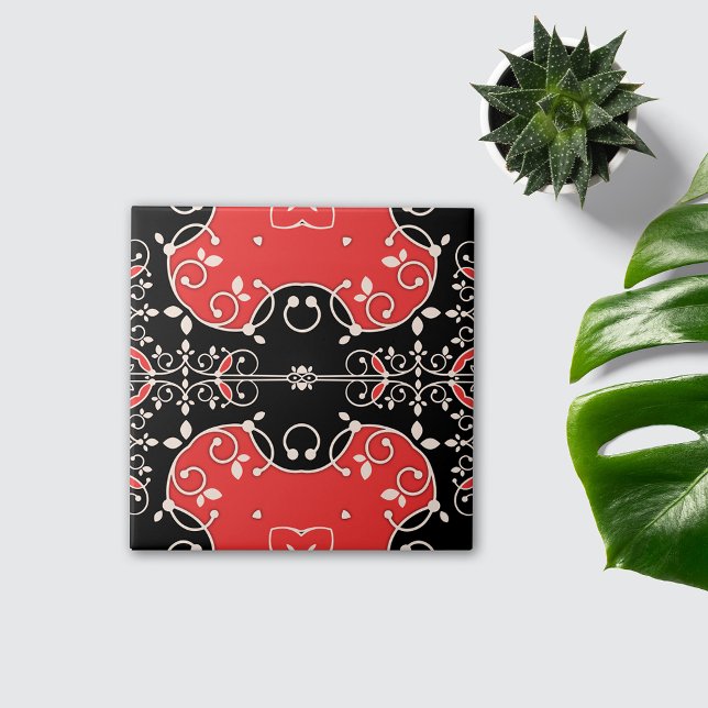 Red Black and White Classic Elegant Leafy Ornate Tile (Creator Uploaded)