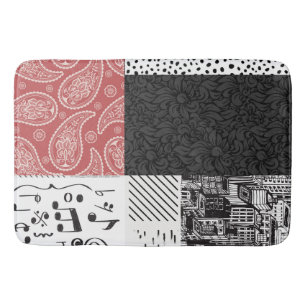 Red, black and white collage bath mat